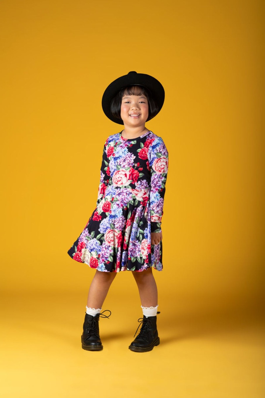 Child [2-14] Rock Your Baby Dresses | Rock Your Baby Midnight Florals Long Sleeve Waisted Dress