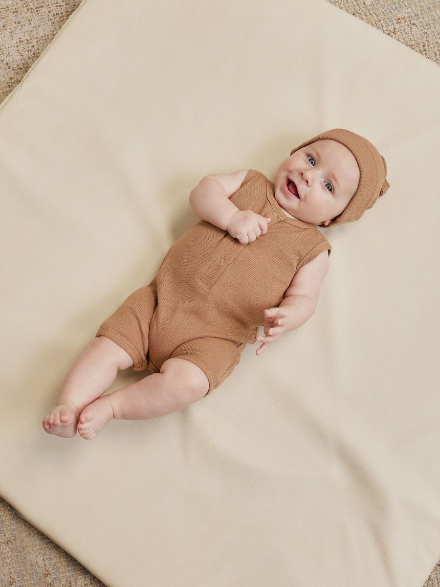 Child [2-14] Quincy Mae Overalls + Playsuits | Quincy Mae Ribbed Henley Romper | Clay